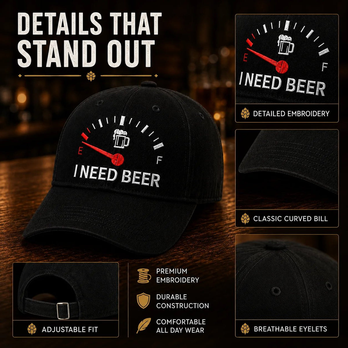 BeerGauge – Casquette Humour Broderie I Need Beer