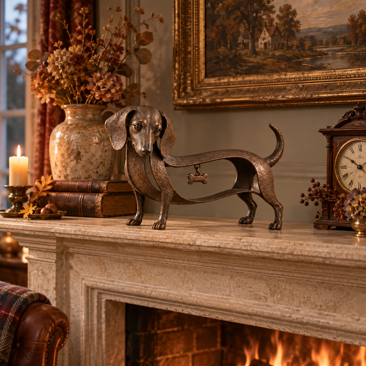 BronzeDoxie – Sculpture Teckel en Fer Bronze Vieilli avec Cœur
