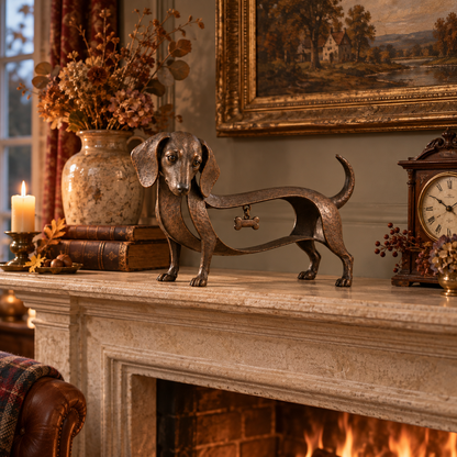BronzeDoxie – Sculpture Teckel en Fer Bronze Vieilli avec Cœur