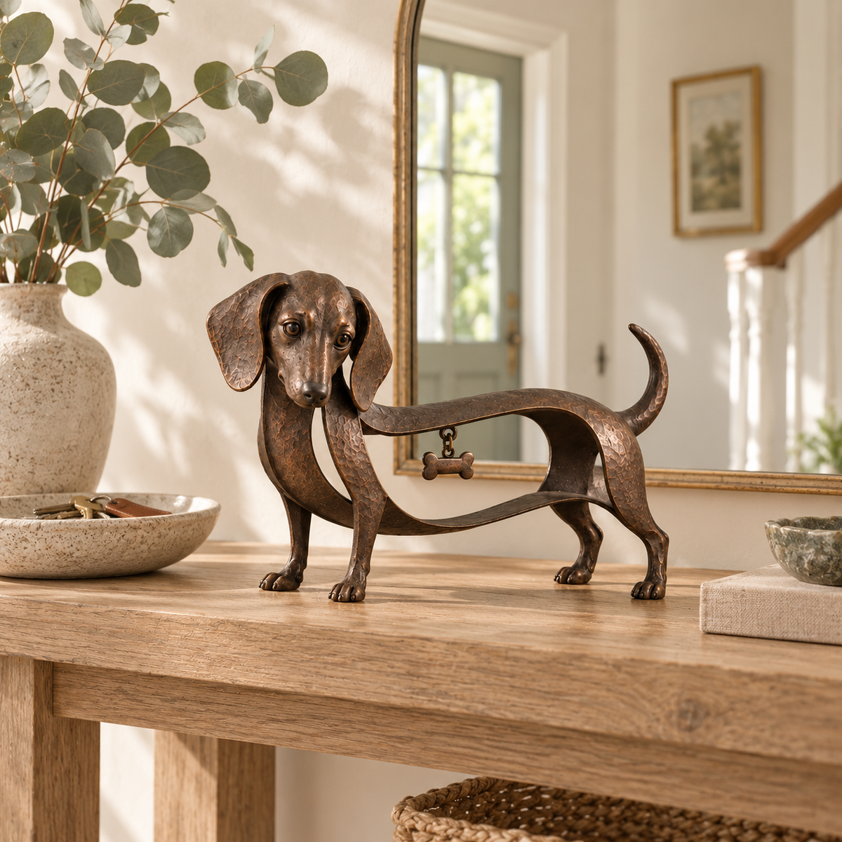 BronzeDoxie – Sculpture Teckel en Fer Bronze Vieilli avec Cœur
