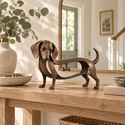 BronzeDoxie – Sculpture Teckel en Fer Bronze Vieilli avec Cœur