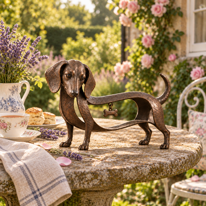 BronzeDoxie – Sculpture Teckel en Fer Bronze Vieilli avec Cœur