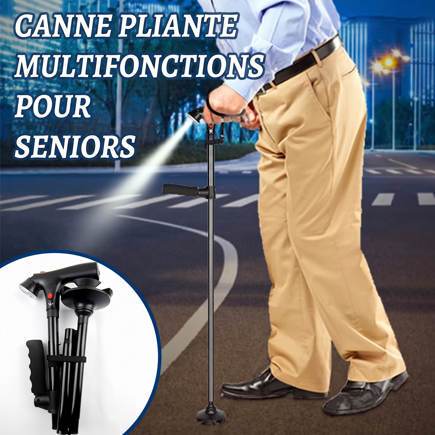 Canne pliante multifonction - avec lumière LED, alarme, 4 points d'appui