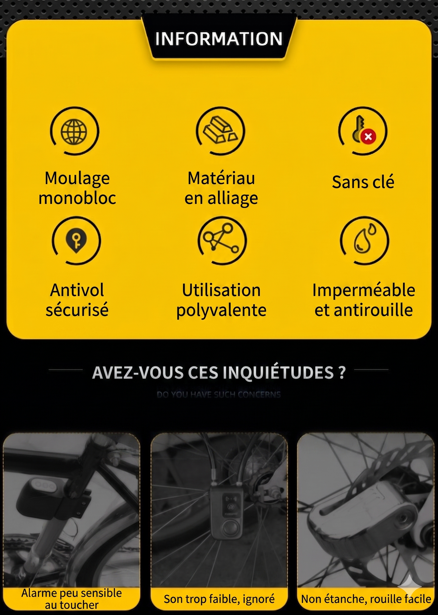 SafeRide 360 – Étanche et résistant à l'effraction, convient aux motos, vélos et scooters. Équipé d'une fonction d'alarme pour une sécurité optimale.