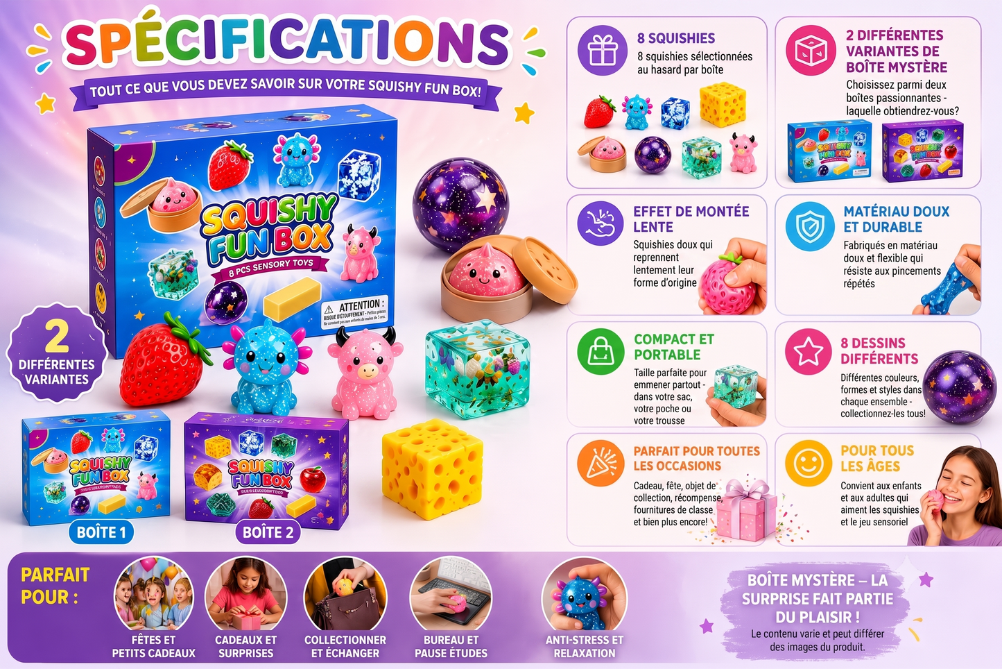 SquishyFun – La Mystery Box de 8 squishies virauxLe coffret surprise de squishies anti-stress