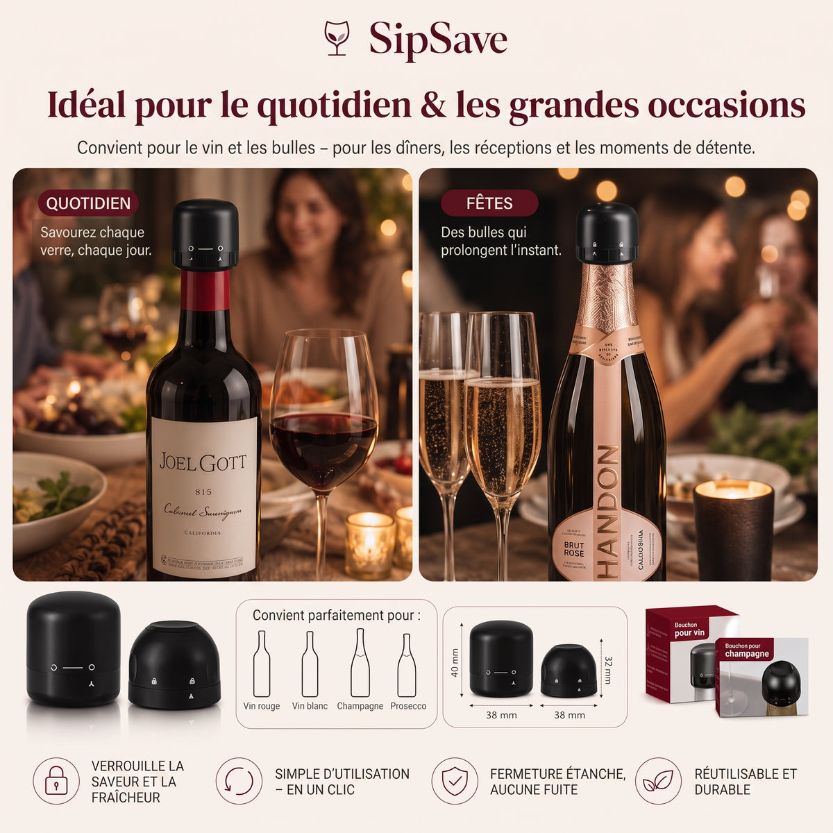 VinoSave – Version classique idéale pour préserver les arômes de vos vins rouges, blancs et rosés