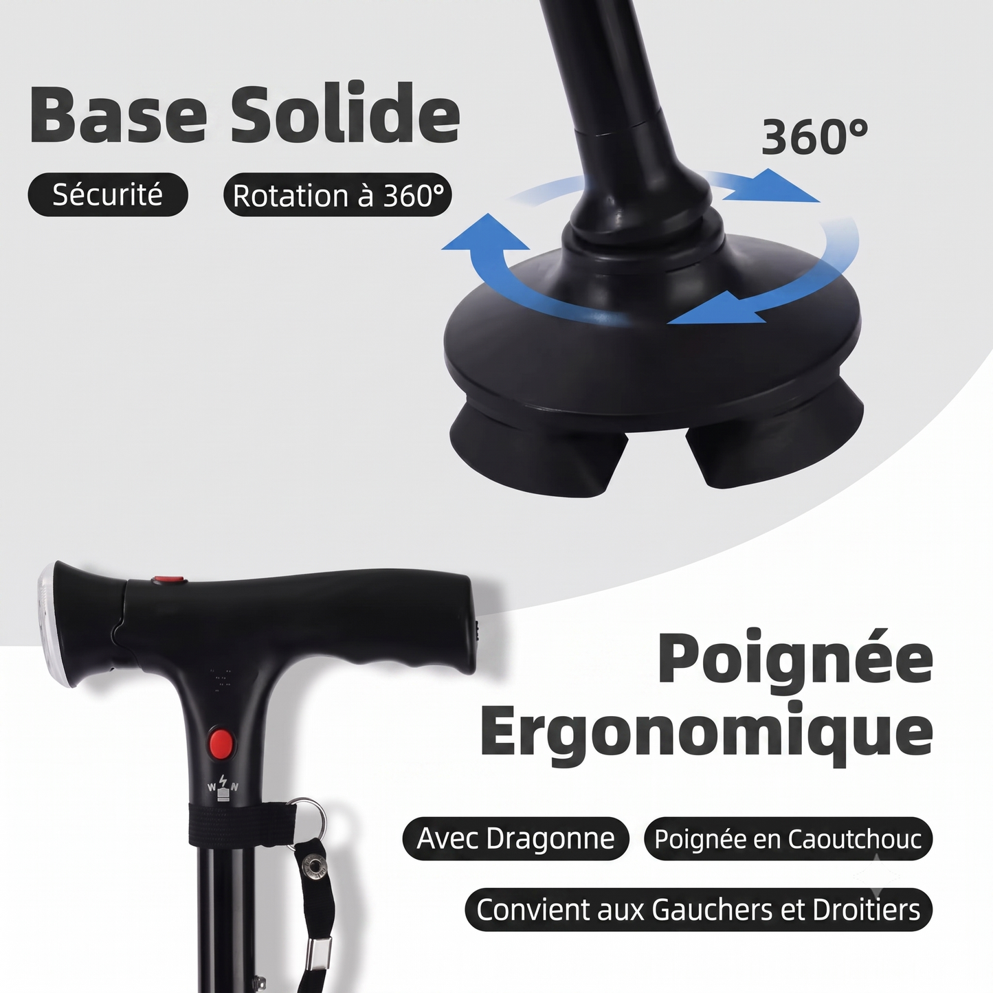 Canne pliante multifonction - avec lumière LED, alarme, 4 points d'appui