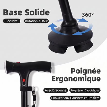 Canne pliante multifonction - avec lumière LED, alarme, 4 points d'appui