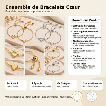 Ensemble de bracelets Amour – Bracelets cœur en plaqué or 14 carats