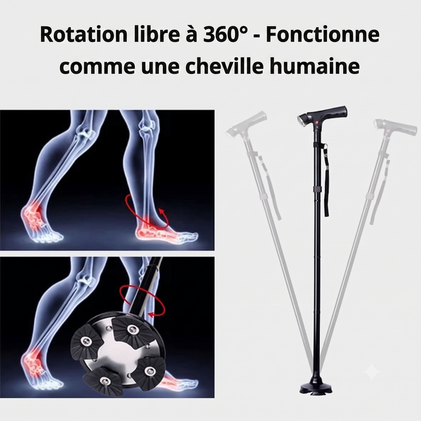 Canne pliante multifonction - avec lumière LED, alarme, 4 points d'appui
