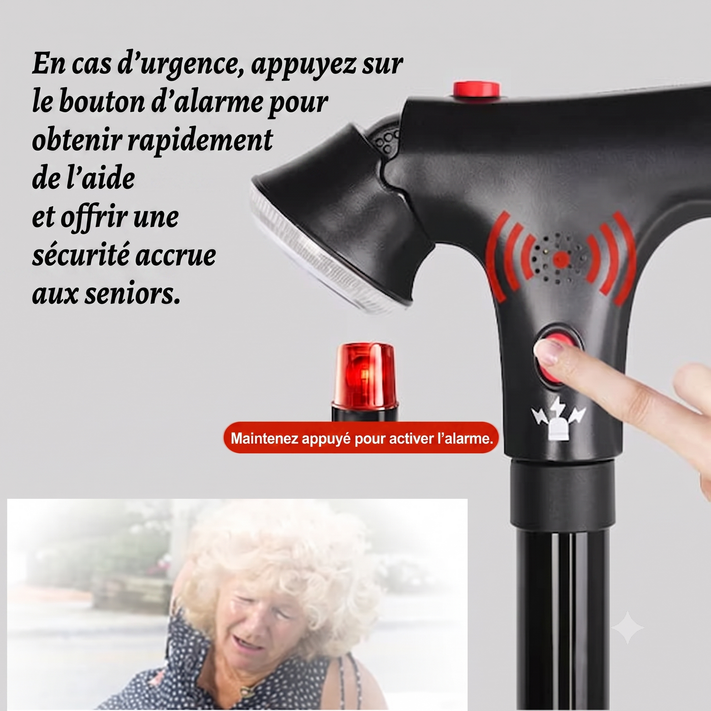 Canne pliante multifonction - avec lumière LED, alarme, 4 points d'appui