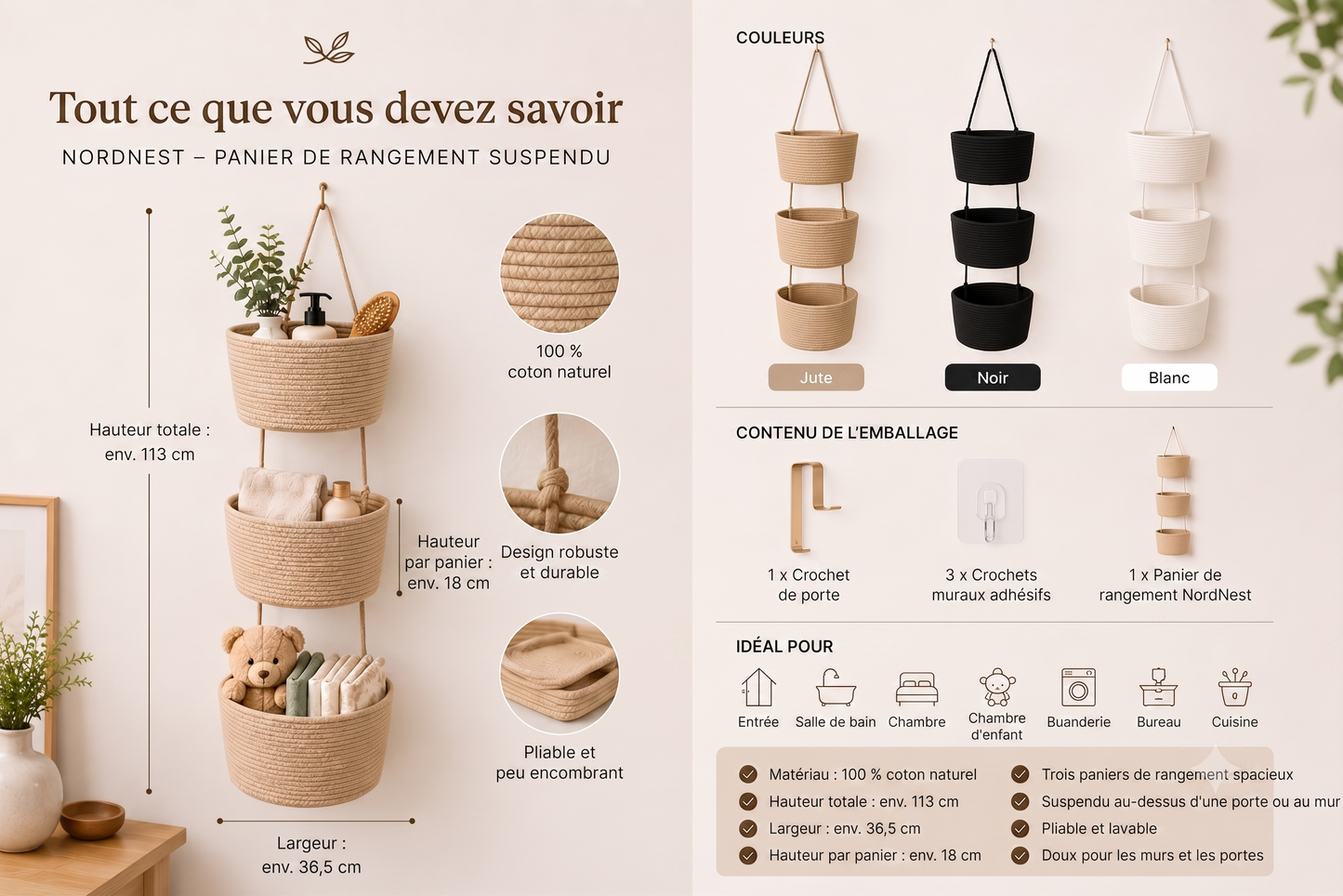 NordNest – Le panier de rangement suspendu en coton naturel