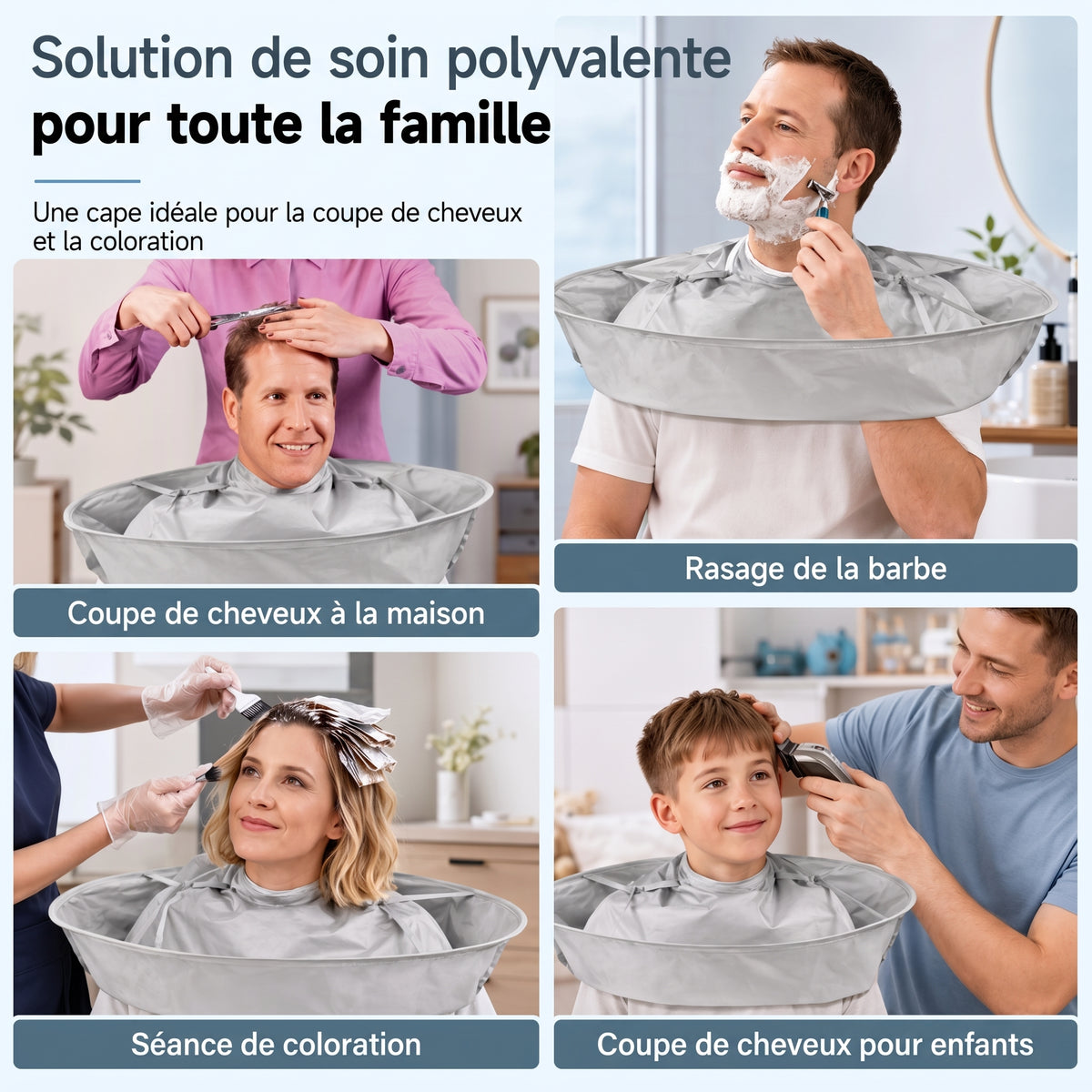 CleanCut – Le bavoir de coiffure imperméable à gouttière