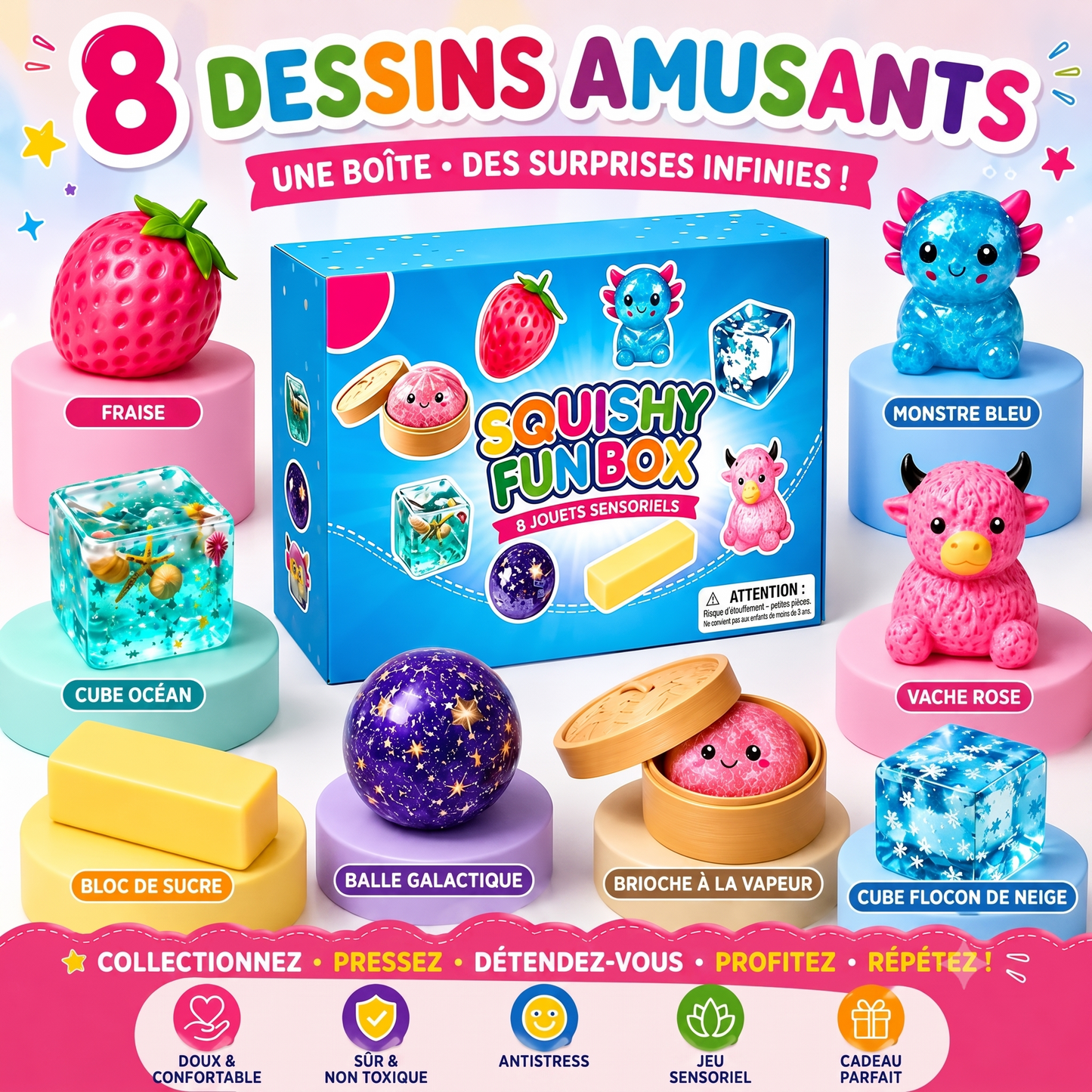 SquishyFun – La Mystery Box de 8 squishies virauxLe coffret surprise de squishies anti-stress
