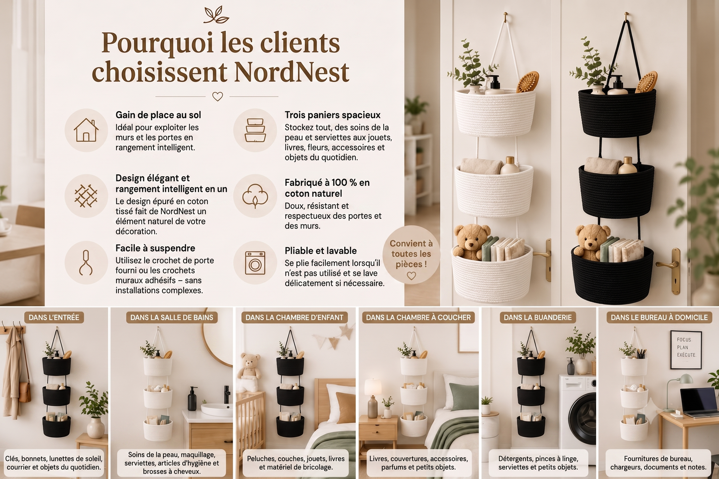 NordNest – Le panier de rangement suspendu en coton naturel