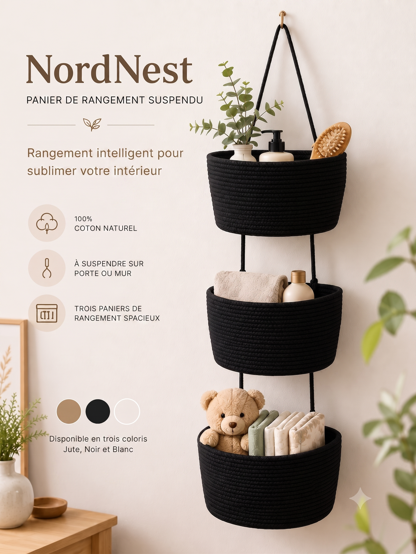 NordNest – Le panier de rangement suspendu en coton naturel
