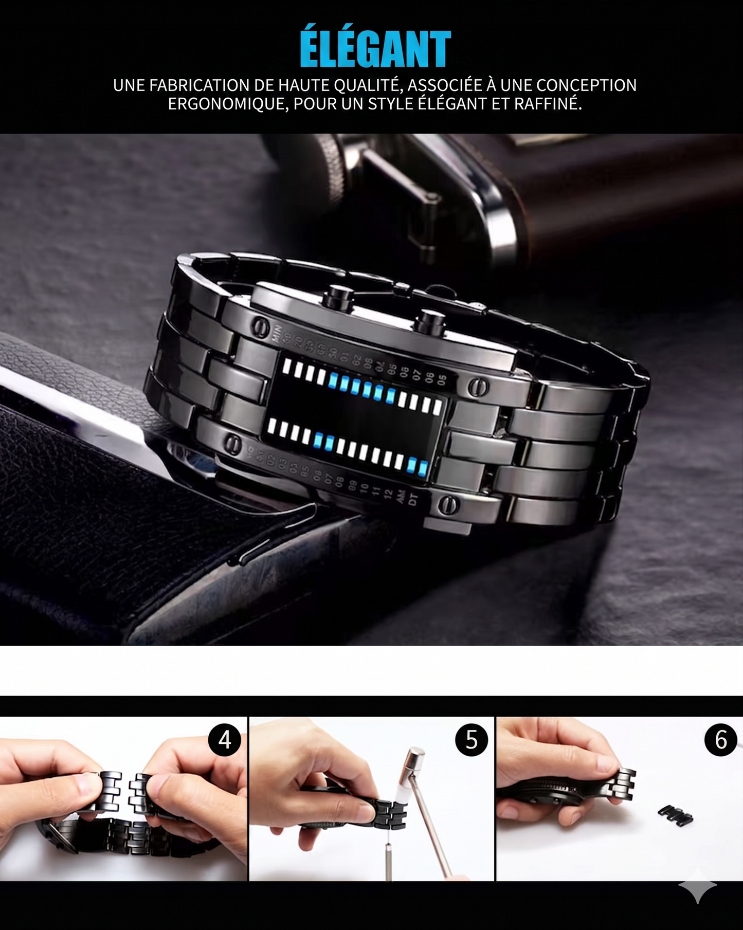 TechStyle Watch – L'affichage original en code binaire alliant sophistication et durabilité