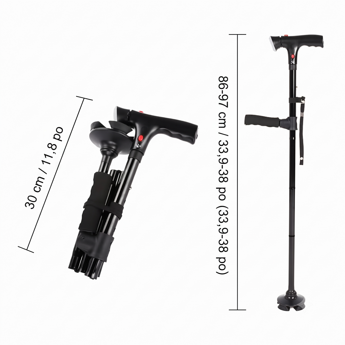 Canne pliante multifonction - avec lumière LED, alarme, 4 points d'appui