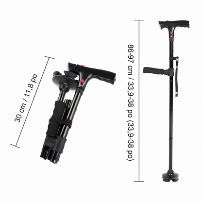 Canne pliante multifonction - avec lumière LED, alarme, 4 points d'appui