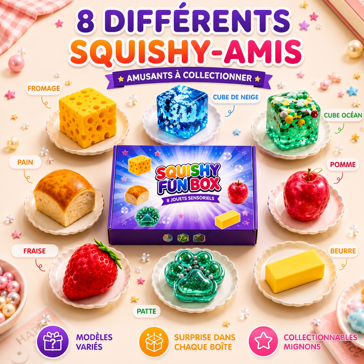 SquishyFun – La Mystery Box de 8 squishies virauxLe coffret surprise de squishies anti-stress