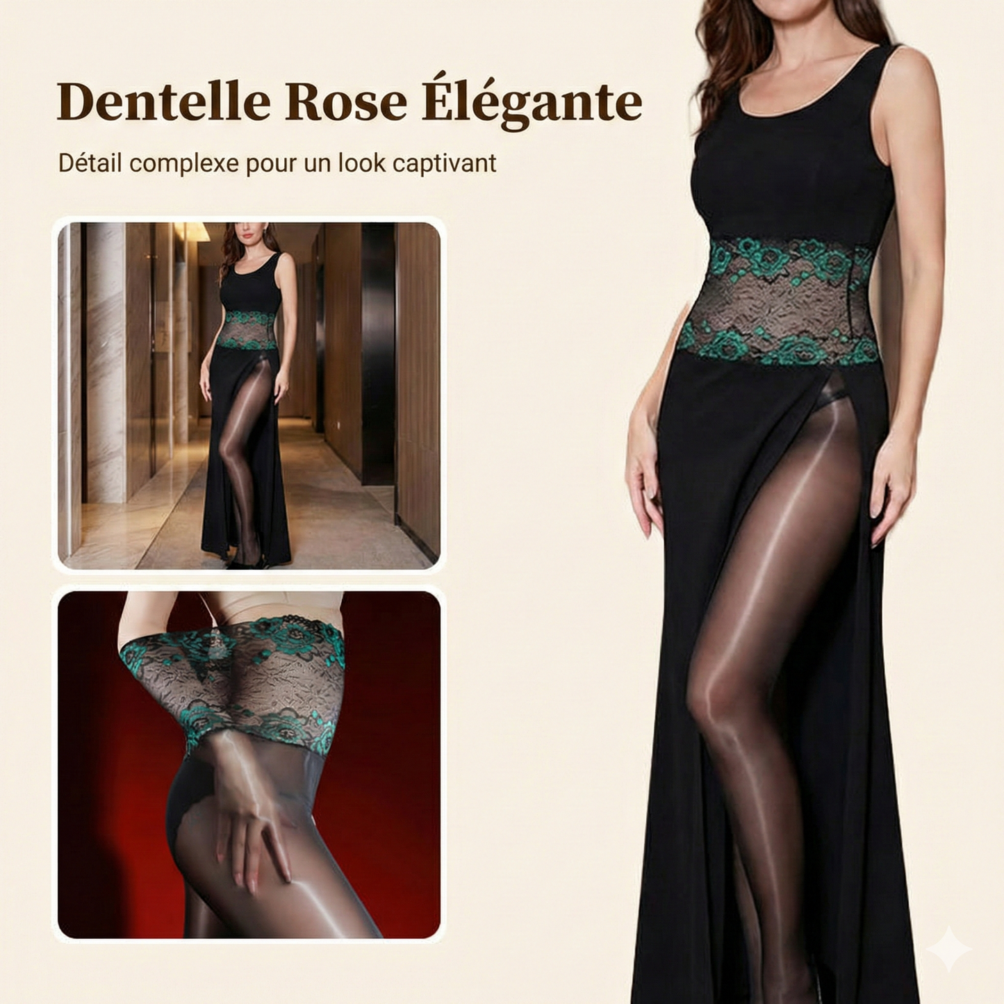 Collants Brillants 8D Effet Huilé à Taille Haute – Ceinture en Dentelle Rose 3D & Gainage Sculptant – Bas Transparents Satinés et Sexy