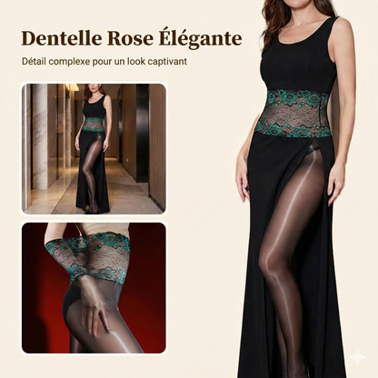 Collants Brillants 8D Effet Huilé à Taille Haute – Ceinture en Dentelle Rose 3D & Gainage Sculptant – Bas Transparents Satinés et Sexy