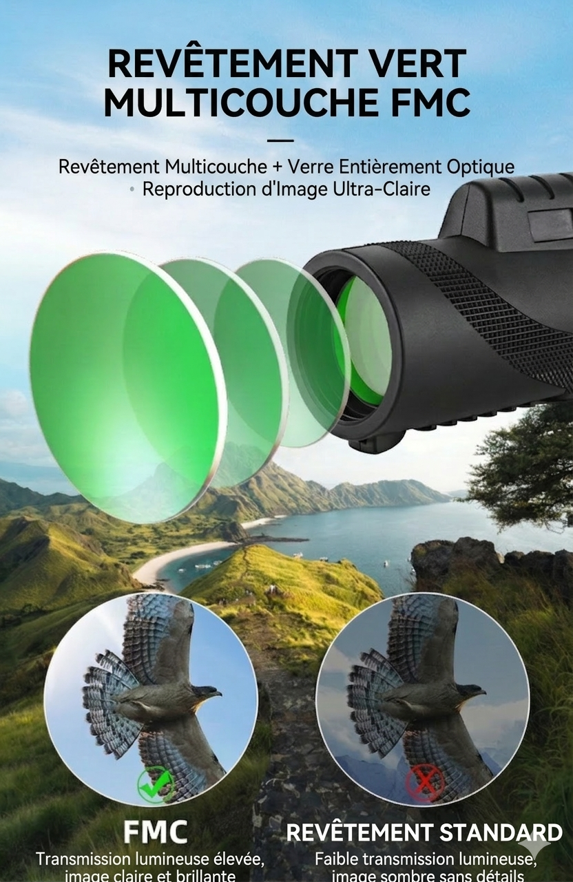 Télescope monoculaire HD avec support pour téléphone – Zoom 40x60, idéal pour l'observation des oiseaux et la chasse