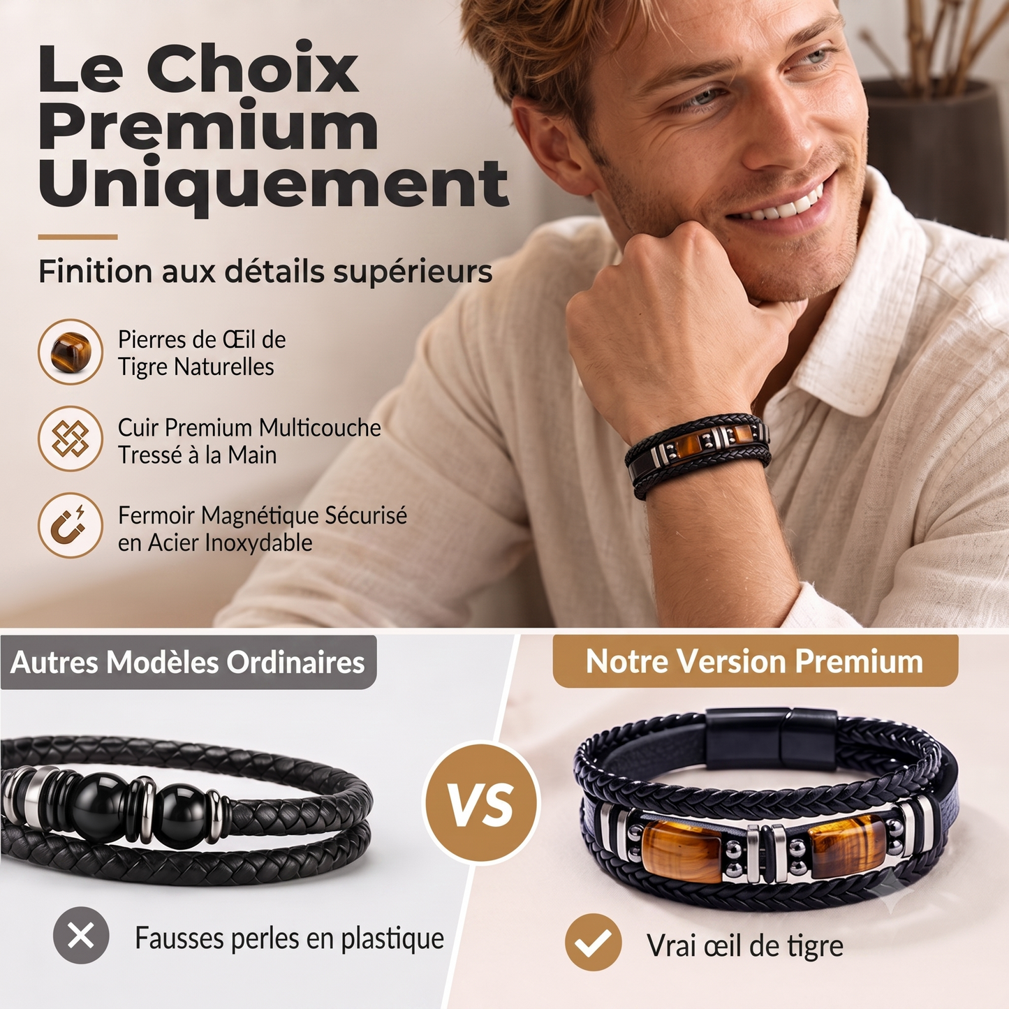 TigerStyle – Bracelet en cuir PU et œil de tigre pour une allure brute, puissante et raffinée