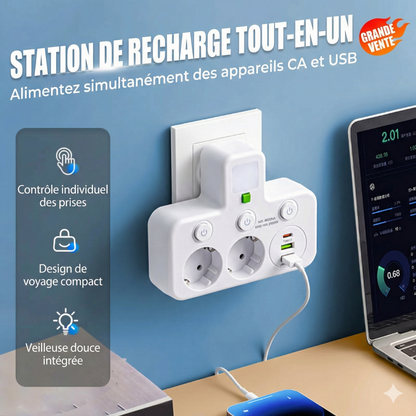 EspaceNet™ – Hub Secteur & USB 4-en-1 : Contrôle Individuel et Veilleuse Douce