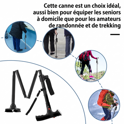 Canne pliante multifonction - avec lumière LED, alarme, 4 points d'appui