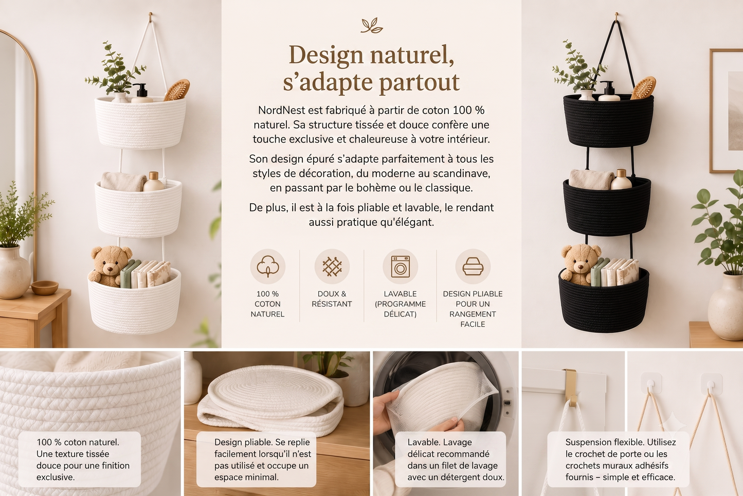 NordNest – Le panier de rangement suspendu en coton naturel