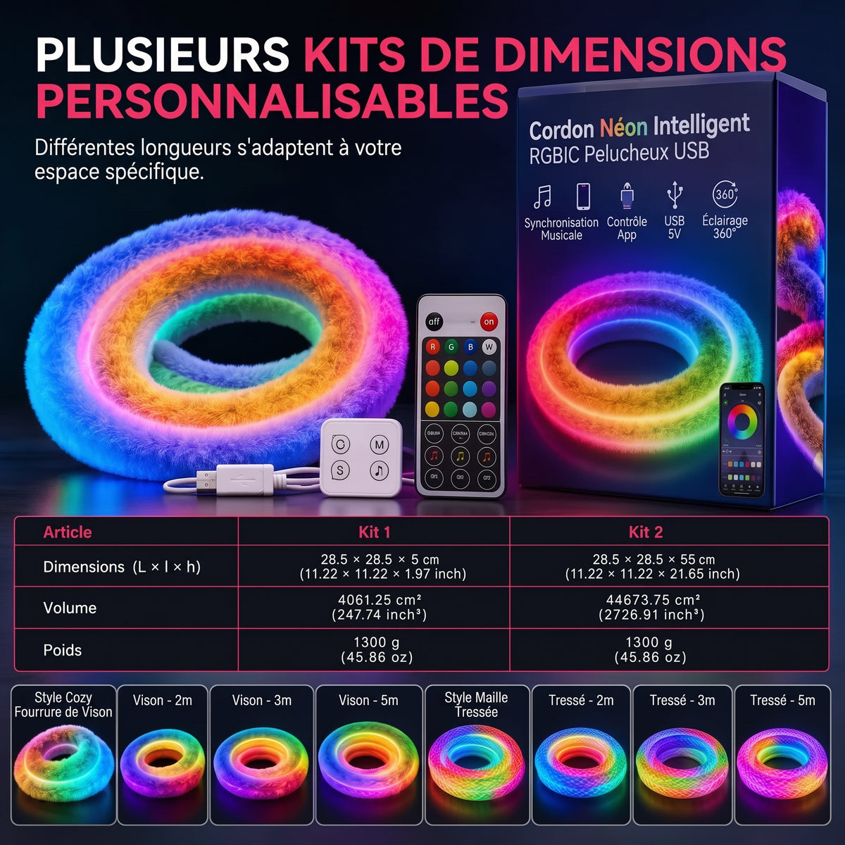 Ruban néon effet fausse fourrure – Éclairage intégral à 360°