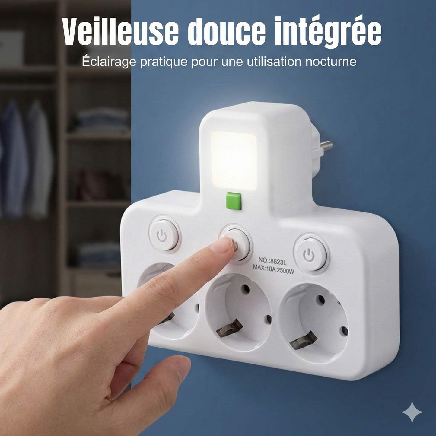 EspaceNet™ – Hub Secteur & USB 4-en-1 : Contrôle Individuel et Veilleuse Douce