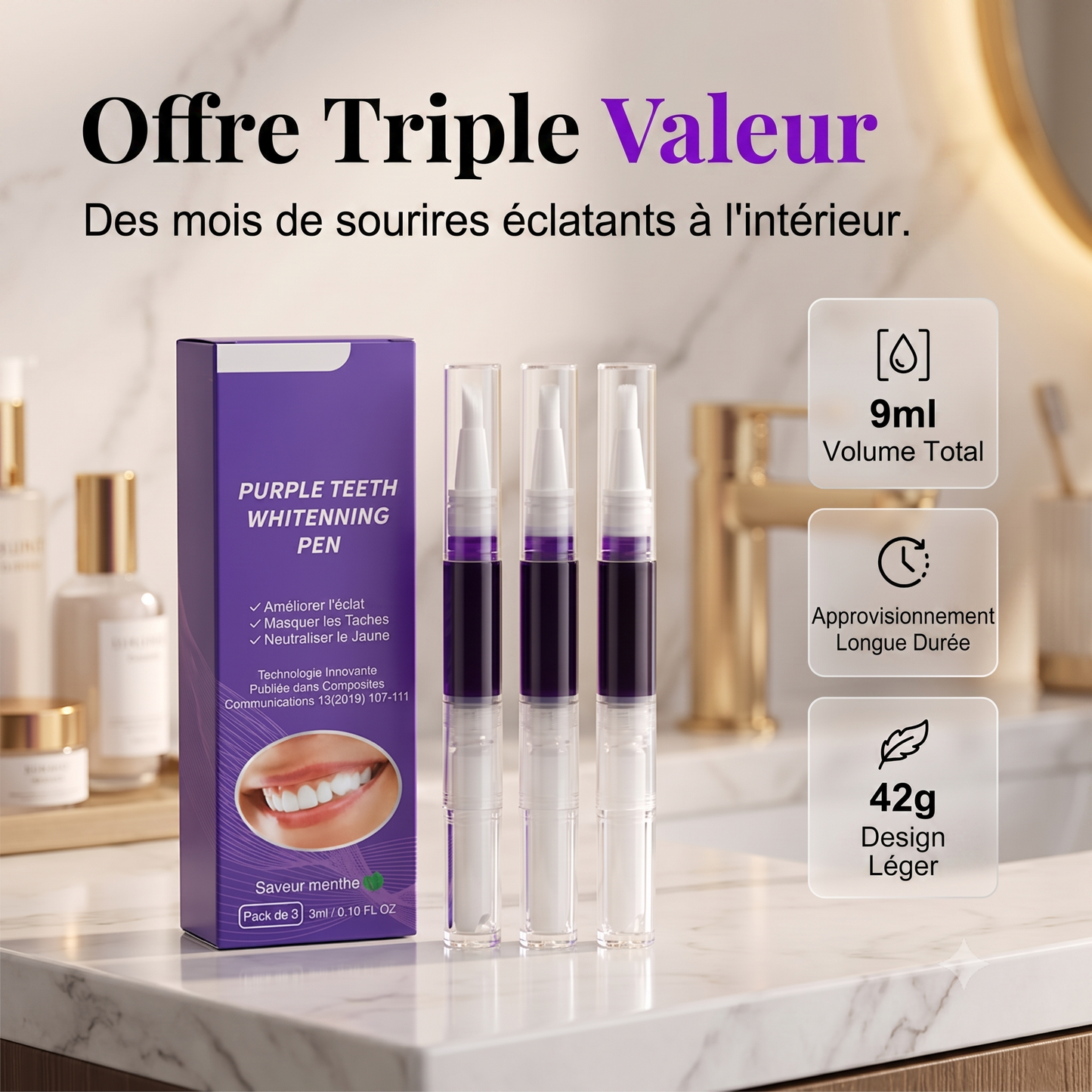 VioCorrect – La technologie de correction de couleur avancée pour neutraliser les sous-tons jaunes et révéler un sourire radieux