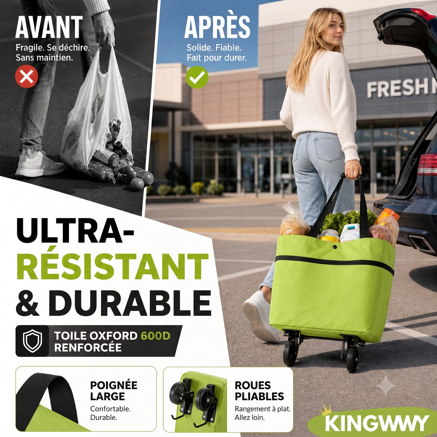 CabaFold – Sac de rangement pliable 2 en 1, capacité de 23 litres，Se transforme en trolley léger