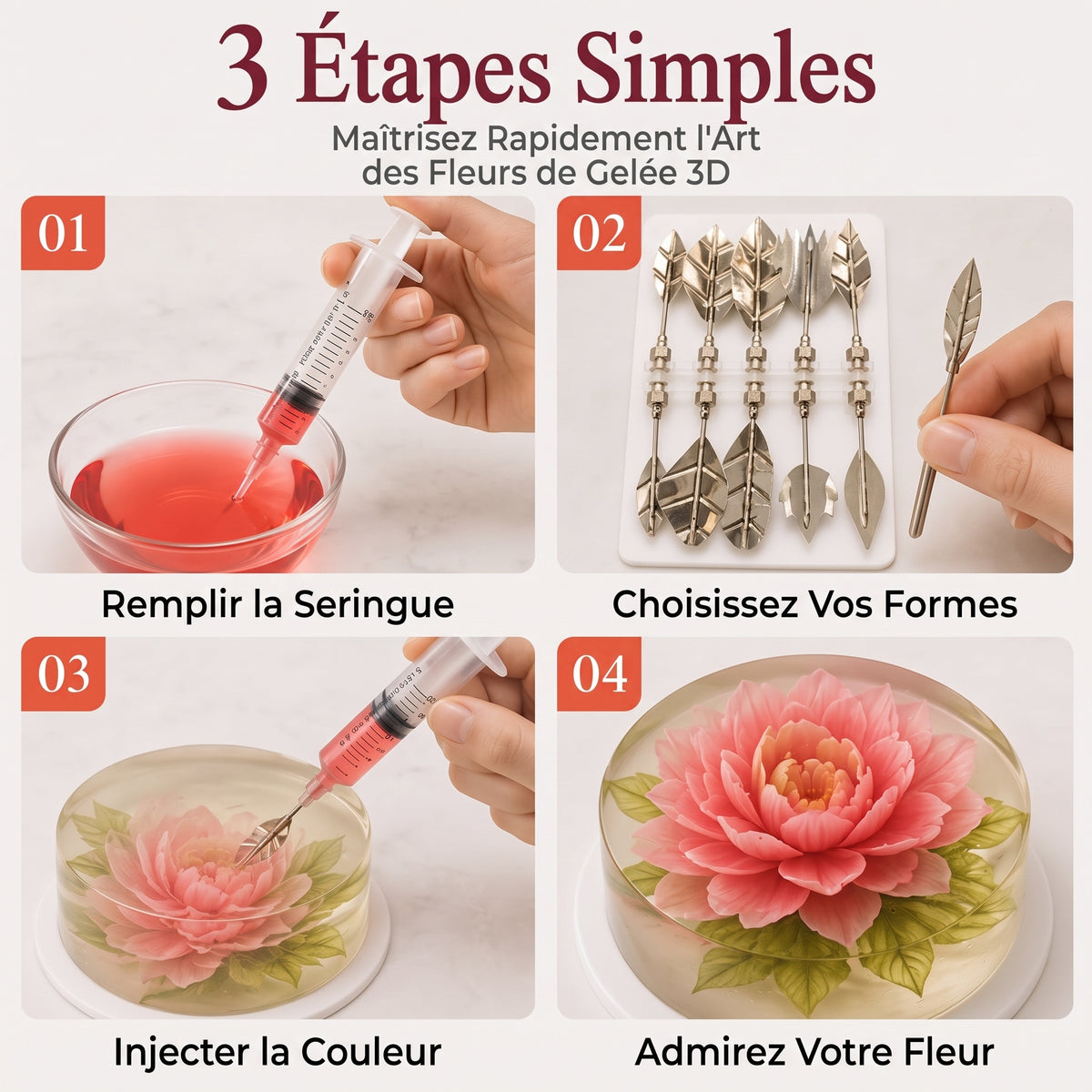 GelaBloom 3D – Embouts spéciaux pour injecter de la gélatine et créer de magnifiques motifs floraux en 3D