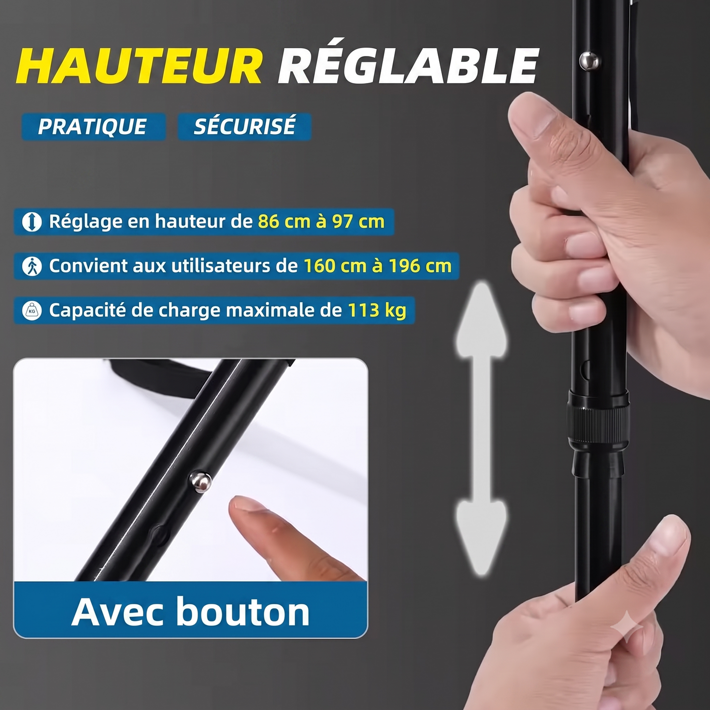 Canne pliante multifonction - avec lumière LED, alarme, 4 points d'appui