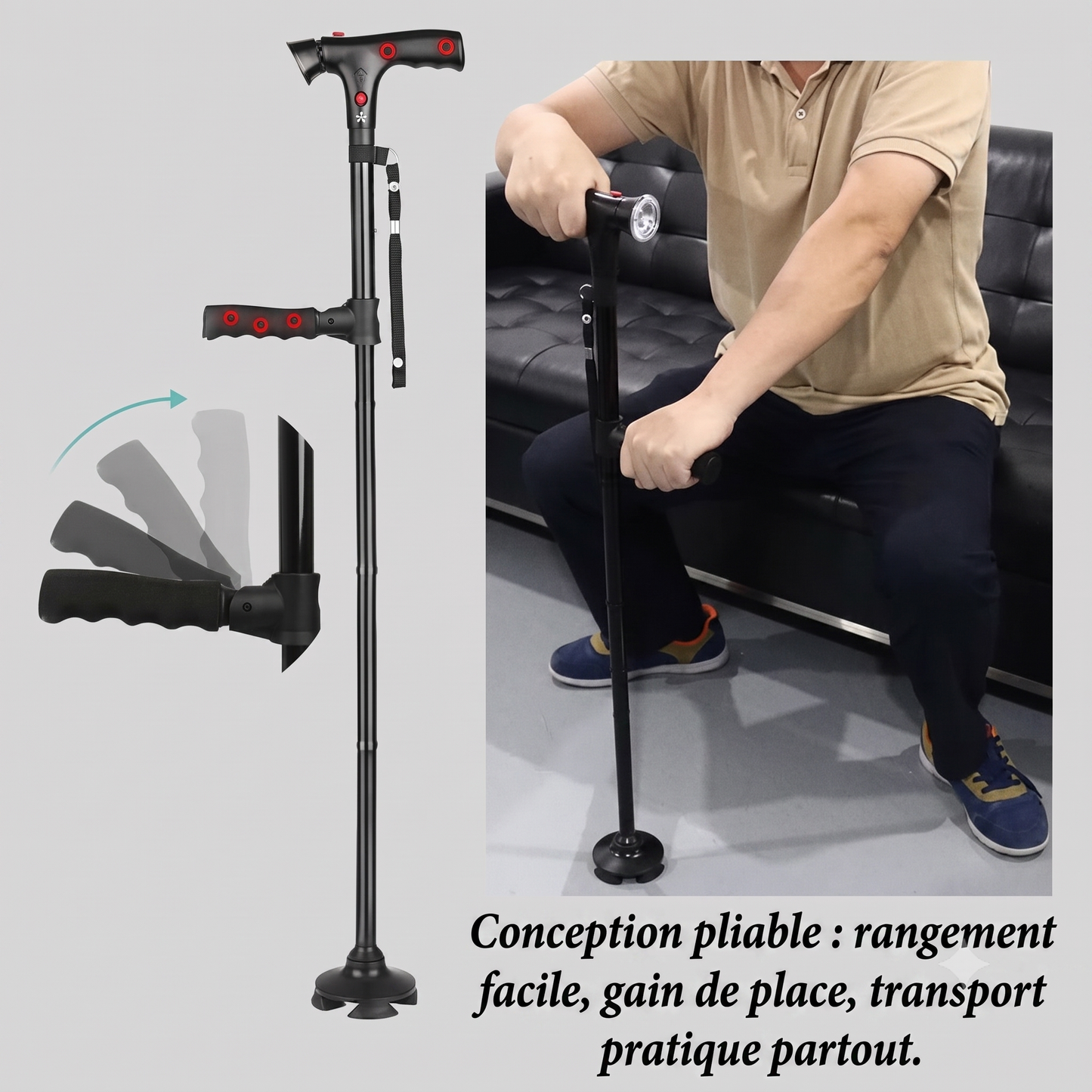 Canne pliante multifonction - avec lumière LED, alarme, 4 points d'appui