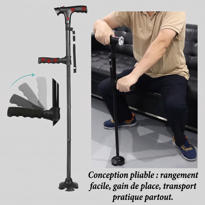 Canne pliante multifonction - avec lumière LED, alarme, 4 points d'appui