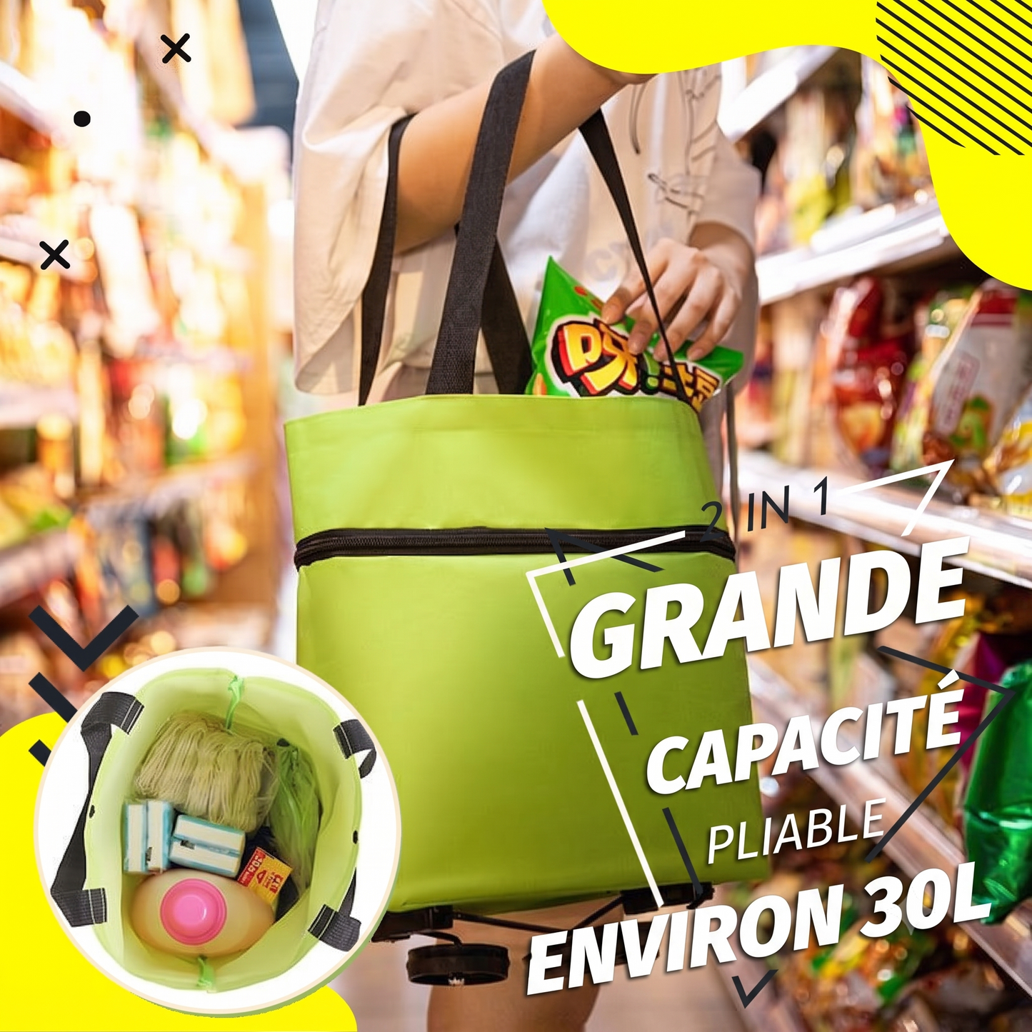 CabaFold – Sac de rangement pliable 2 en 1, capacité de 23 litres，Se transforme en trolley léger