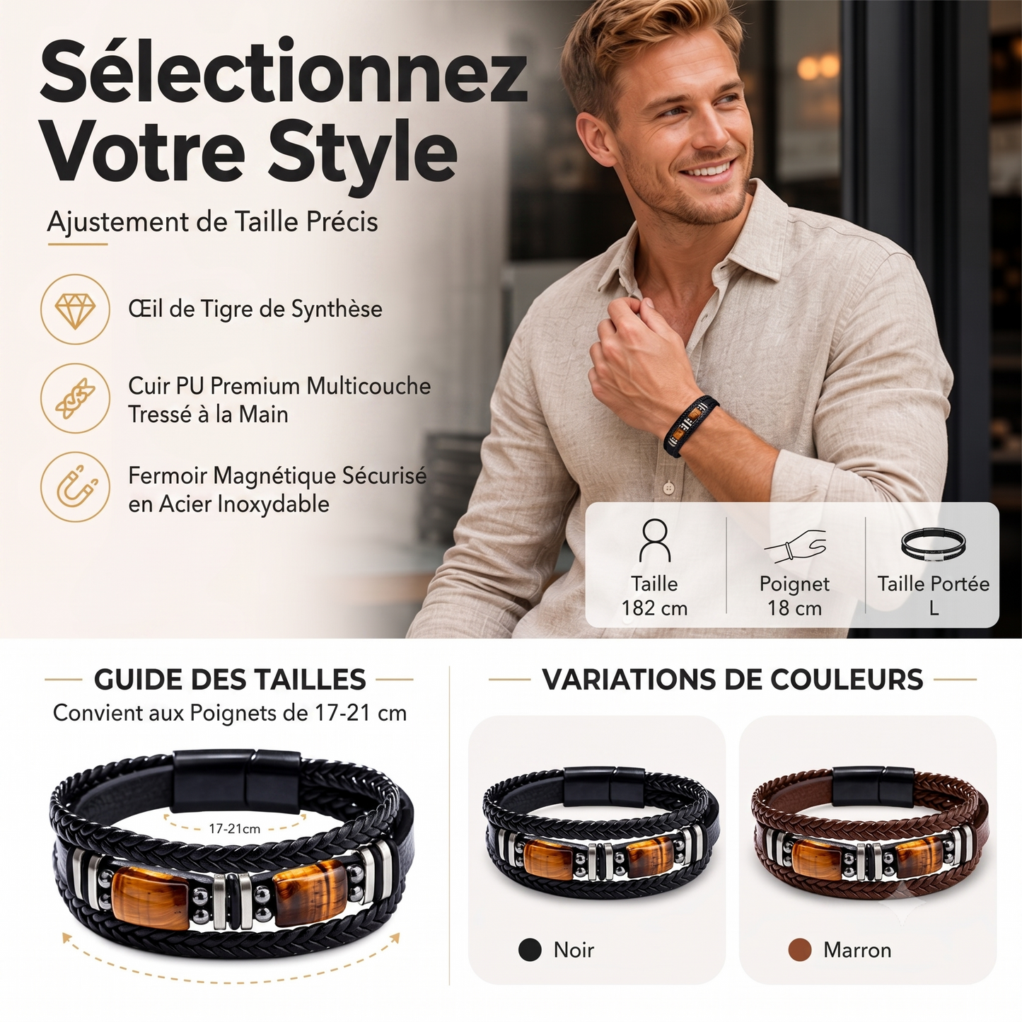 TigerStyle – Bracelet en cuir PU et œil de tigre pour une allure brute, puissante et raffinée