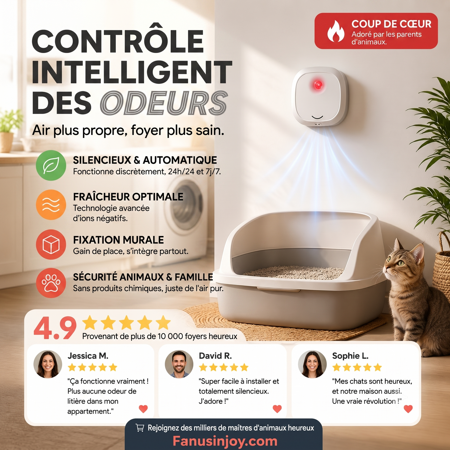OdorFree – Purificateur d'air intelligent aux ions négatifs pour éliminer efficacement les odeurs