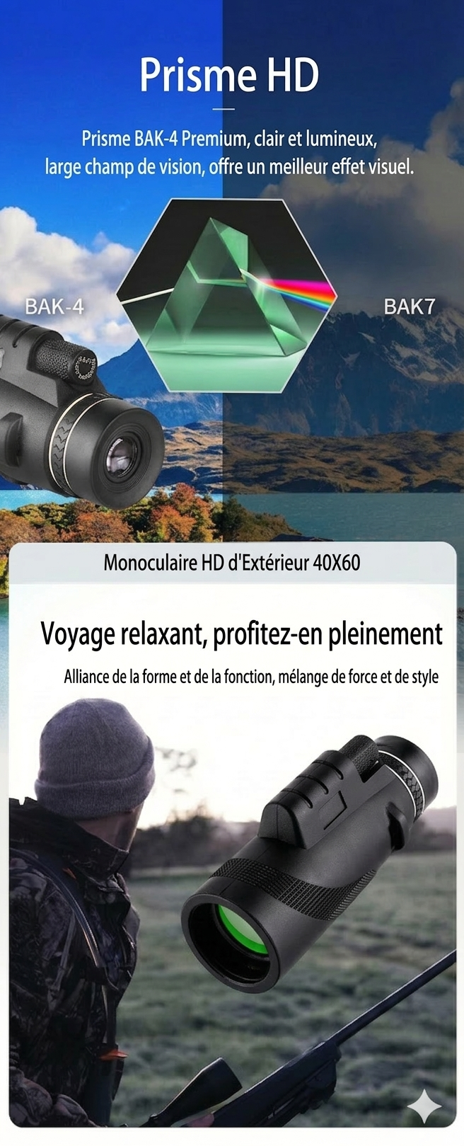 Télescope monoculaire HD avec support pour téléphone – Zoom 40x60, idéal pour l'observation des oiseaux et la chasse