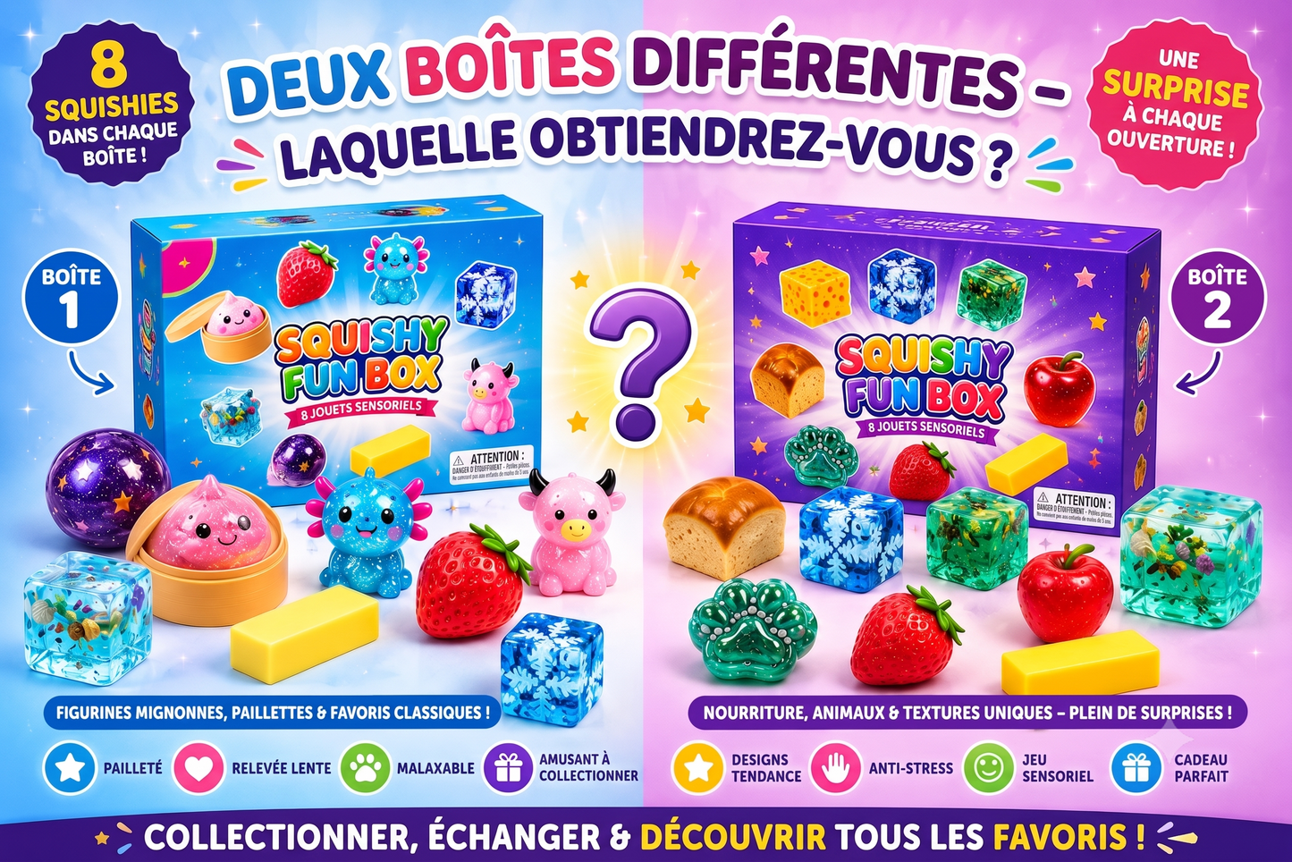 SquishyFun – La Mystery Box de 8 squishies virauxLe coffret surprise de squishies anti-stress