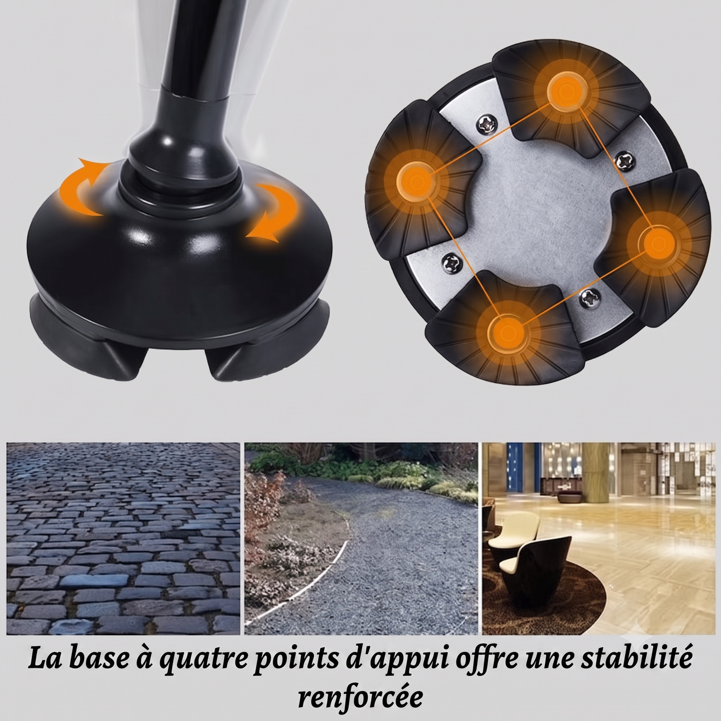 Canne pliante multifonction - avec lumière LED, alarme, 4 points d'appui