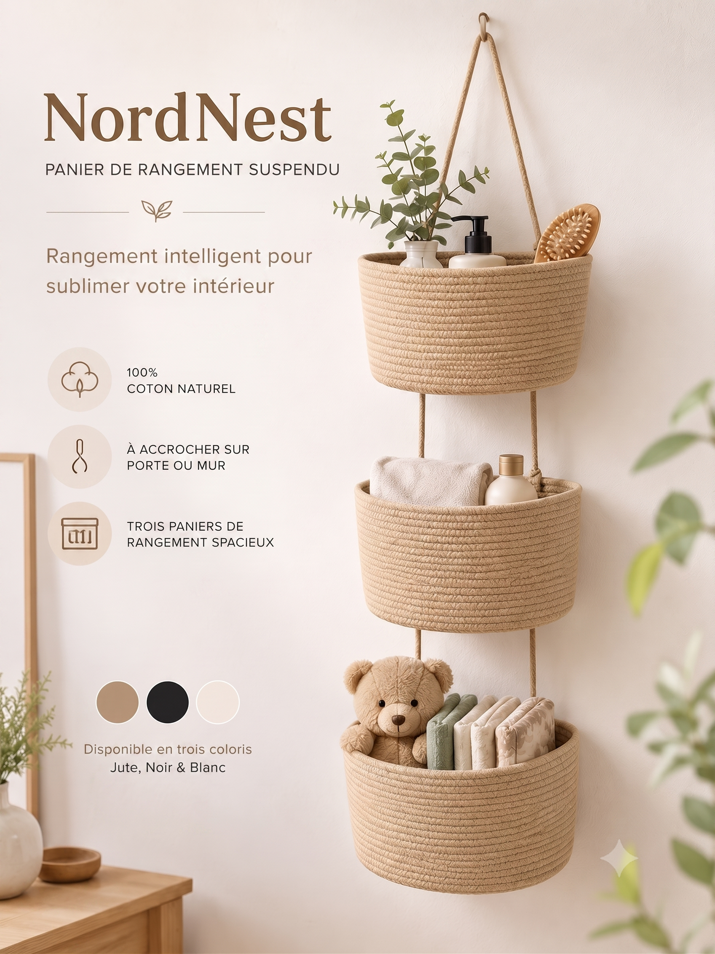 NordNest – Le panier de rangement suspendu en coton naturel