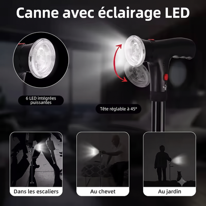 Canne pliante multifonction - avec lumière LED, alarme, 4 points d'appui
