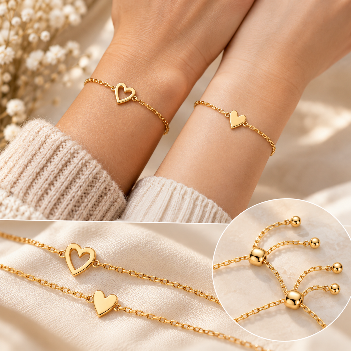 Ensemble de bracelets Amour – Bracelets cœur en plaqué or 14 carats