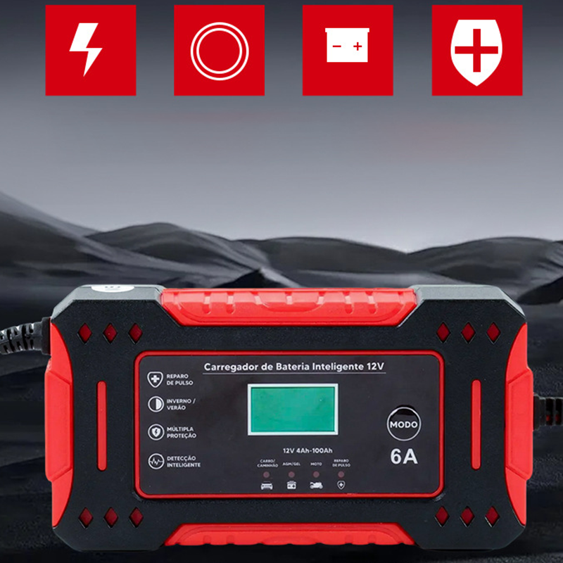 Chargeur de Batterie Intelligent & Réparateur par Impulsions – Pour Voiture, Moto & Vélo Électrique – Écran LED, Arrêt Automatique & Protection Multi-Sécurité (Boîtier ABS Ignifuge)